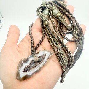 Boho Leather-Wrapped Natural Agate Geode Slice Pendant Necklace or Belt